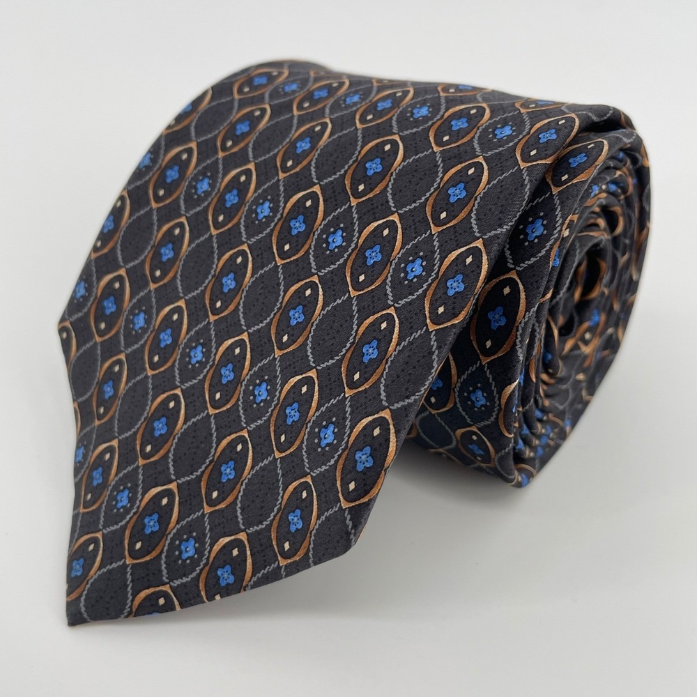 Jos. A. Bank Traveler Men's Silk Tie Blue Gold Medallion Geometric Stain Resist